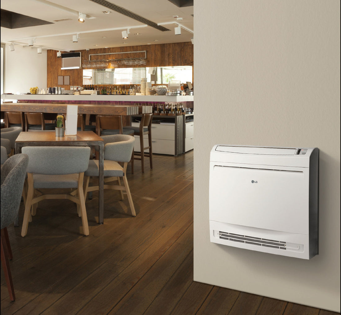 LG Klimaanlage Klima Truhe Truhengerät Bodenhöhe Effizient Scoop Design günstig preishwert Inneneinheit Innen Wandmontage Heizen kühlen weiß Sommer UQ-F NAO